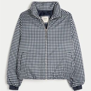 Hollister Navy and White Checkered Puffer Jacket